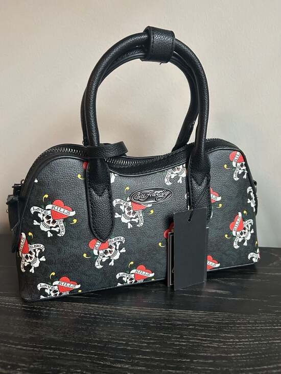 Ed Hardy Handbags - NWT Ed Hardy Love Kills Slowly Black Skull Print Satchel Bag with Heart Charm